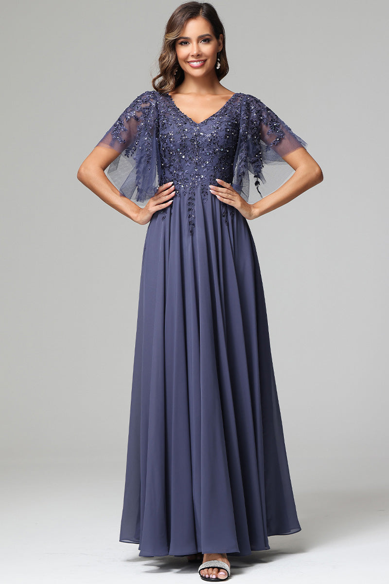 Elegant V-neck Short Sleeves Chiffon Appliqued Prom Dresses