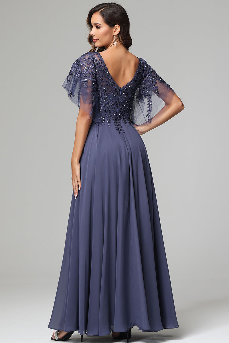 Elegant V-neck Short Sleeves Chiffon Appliqued Mother of the Bride Dresses