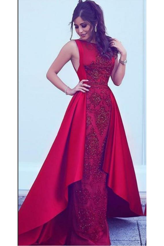 2024 Long New Style Red Scoop Sleeveless Mermaid Satin Beads Prom Dresses WK388