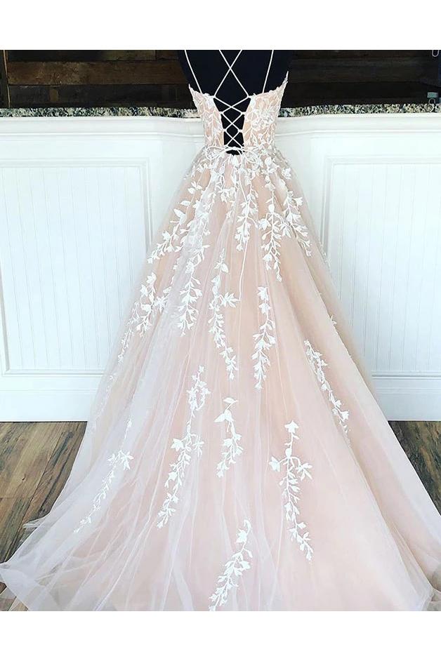 Puffy Spaghetti Straps Floor Length Prom Dress with Appliques Long Evening Dress WK605