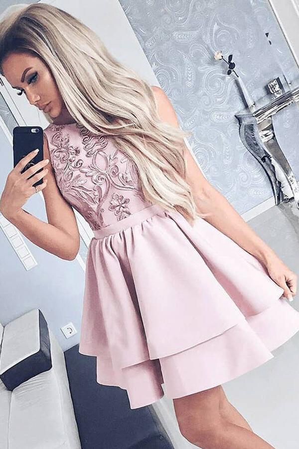 Pretty Bateau Short Blush Pink Scoop Satin Lace Appliques Homecoming Dresses WK16