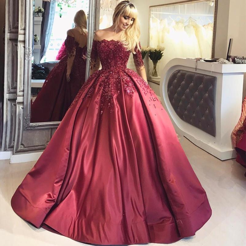 2024 Dark Red Lace Long Sleeve Prom Dress Off-the-Shoulder Ball Gown Quinceanera Dress WK392