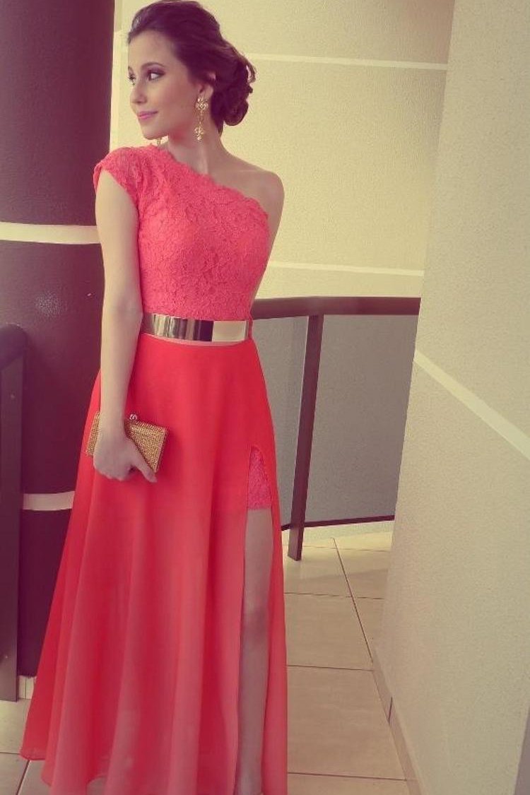 A Line Red One Shoulder Chiffon Lace Long Side Slit Gold Belt Prom Dresses WK68