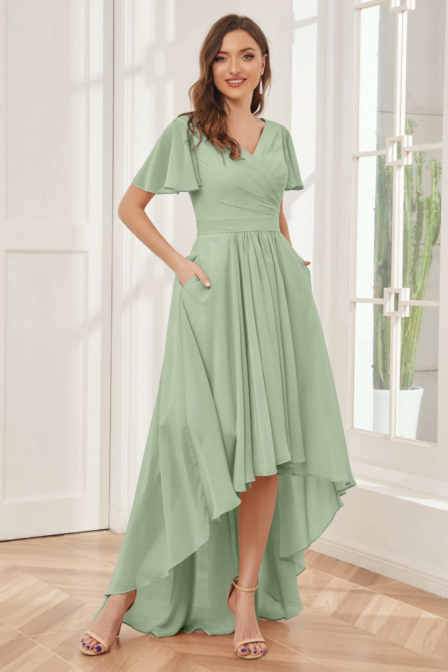 A-line Short Sleeves High Low Chiffon Bridesmaid Dresses