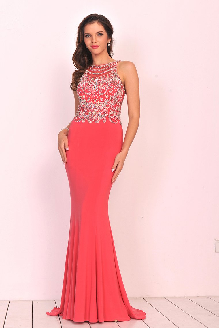 Spandex Scoop With Beading Prom Dresses Mermaid Sweep Train