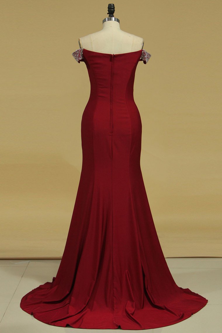 Evening Dresses Mermaid Off The Shoulder Spandex With Beads And Slit