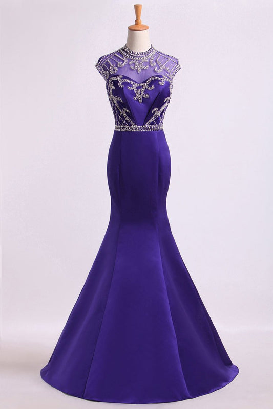 2024 High Neck Mermaid Prom Dresses Beaded Bodice With Ruffles Satin