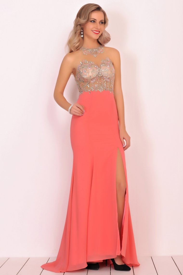 Mermaid Scoop Chiffon Prom Dresses With Beads And Slit