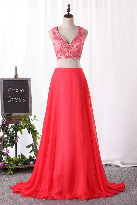 Two Pieces Prom Dresses Chiffon V Neck A Line With Beads And Applique