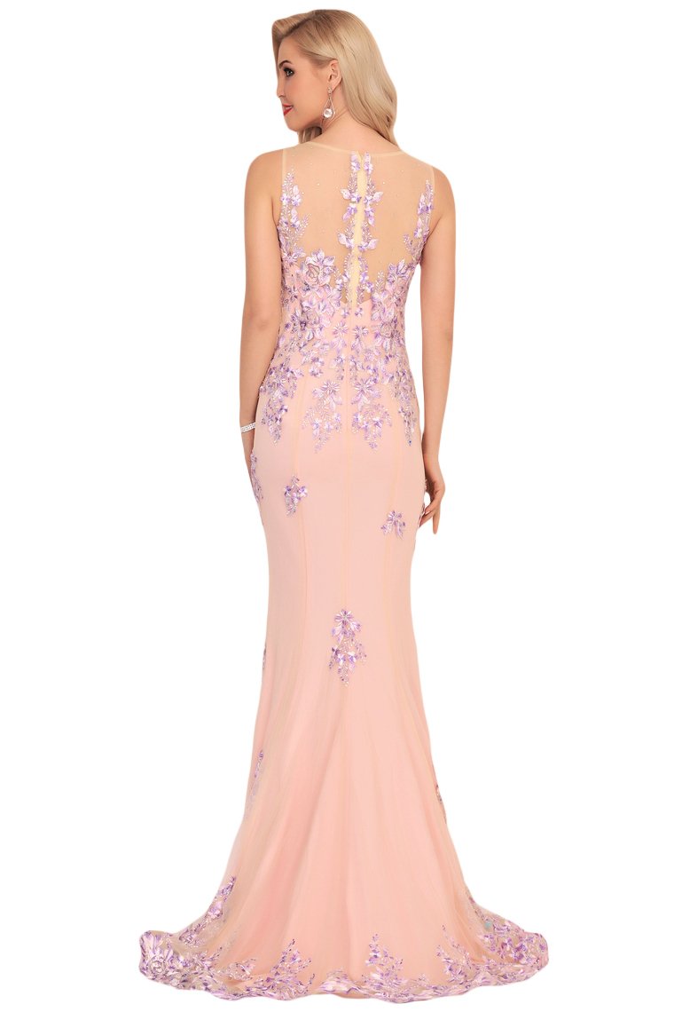 Mermaid Scoop Tulle Prom Dresses With Beads&Appliques Sweep Train