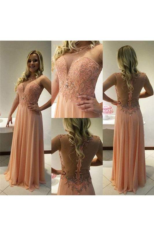 Scoop Beaded Bodice Prom Dresses A Line Chiffon Floor Length