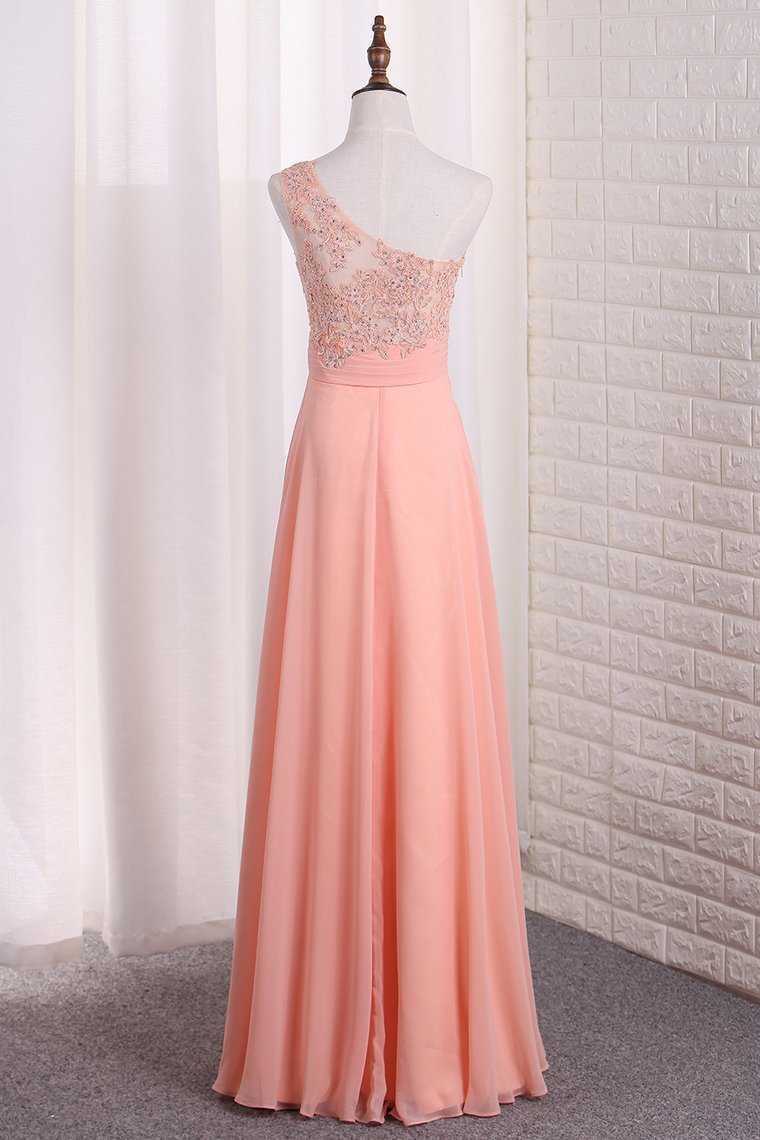 Chiffon One Shoulder A Line Prom Dresses With Applique Sweep Train