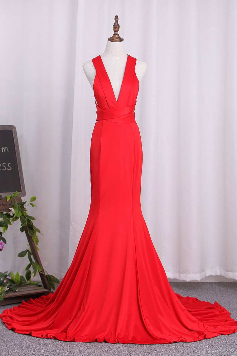 V Neck Satin Evening Dresses Mermaid Open Back Sweep Train