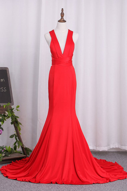 2024 V Neck Satin Evening Dresses Mermaid Open Back Sweep Train