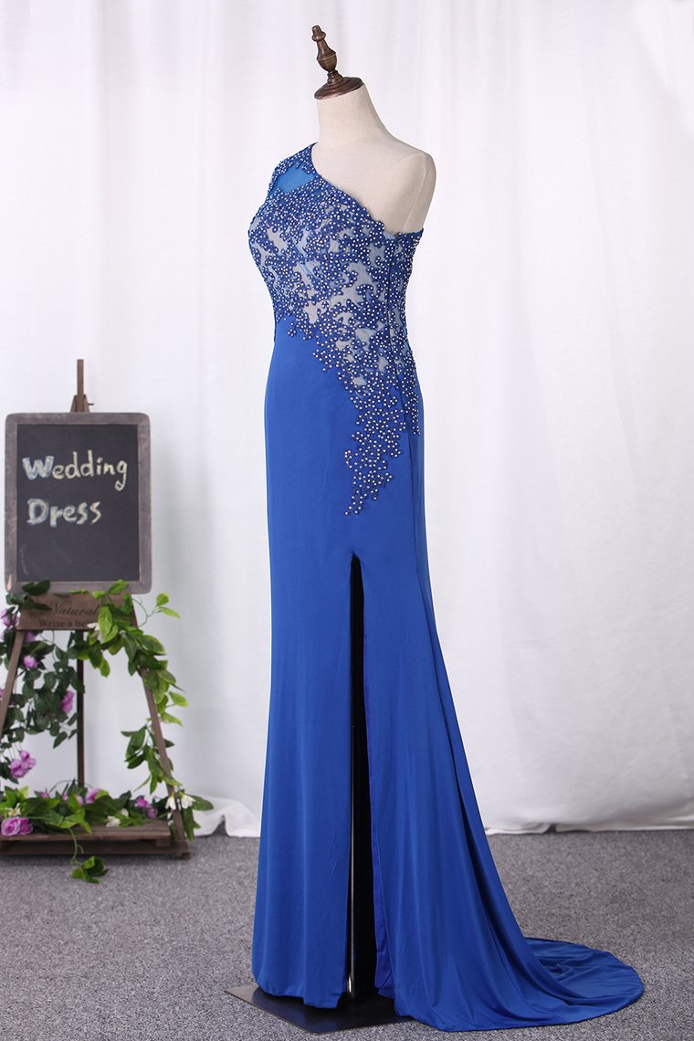 Prom Dresses One Shoulder Mermaid With Applique And Slit Spandex