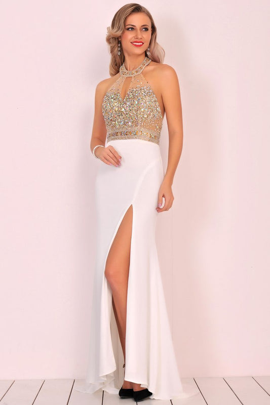 Spandex Halter Beaded Bodice Mermaid Sweep Train Prom Dresses With Slit