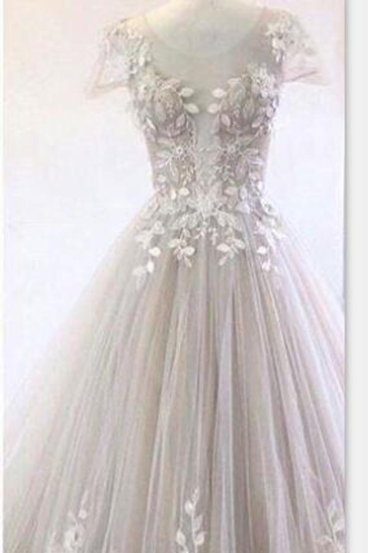 Gorgeous Wedding Dresses Scoop Neck A-Line Tulle With Appliques Floor Length