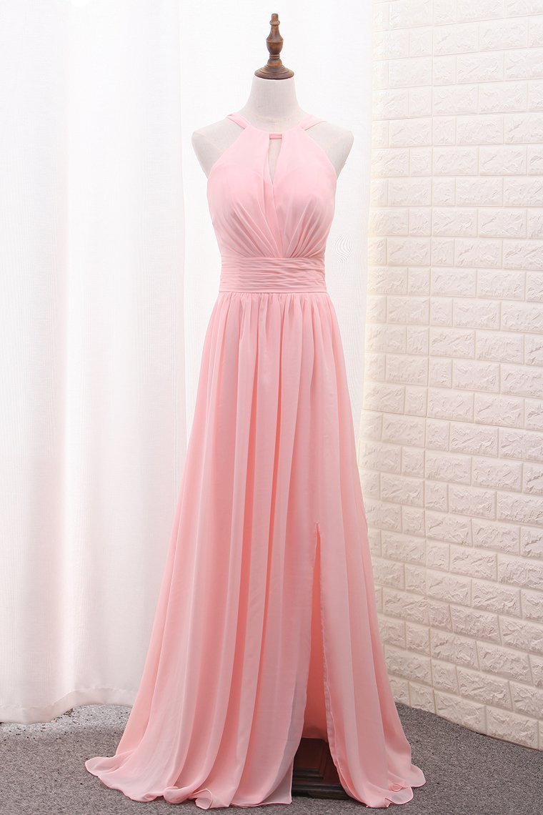 Scoop A Line Chiffon Bridesmaid Dresses With Ruffles And Slit Floor Length