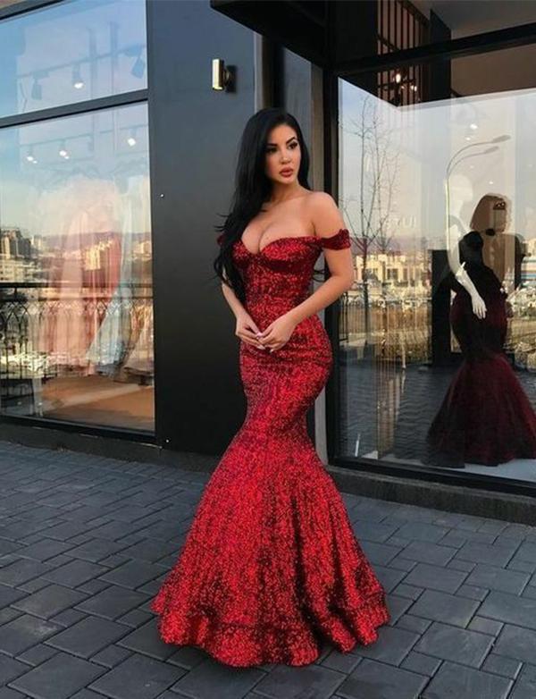 Red Mermaid Long V Neck Prom Dresses Off the Shoulder Evening Party SWK13366