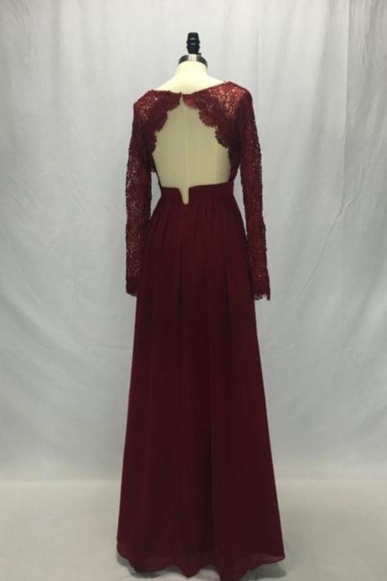 Long Sleeves V-Neck Lace Chiffon A-Line Maroon Prom Dresses Bridesmaid Dresses