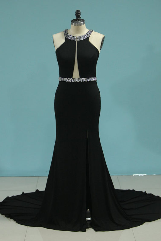 Sexy Open Back Scoop Mermaid Prom Dresses Spandex With Beads And Slit