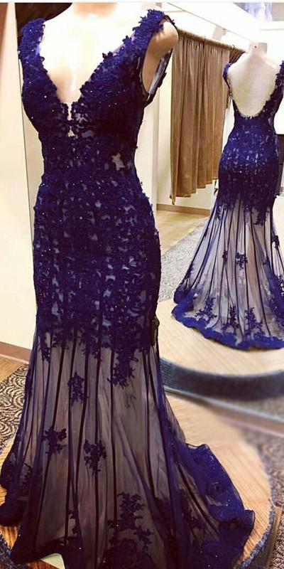 Deep bule tulle V-neck mermaid beading full-length evening dresses WK928