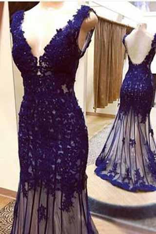 Deep bule tulle V-neck mermaid beading full-length evening dresses WK928