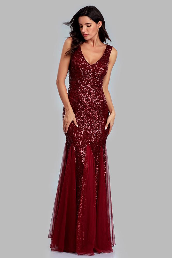 Sexy Burgundy Tulle V Neck Mermaid Sequin Prom Dresses, Evening Party Dresses SWK15332