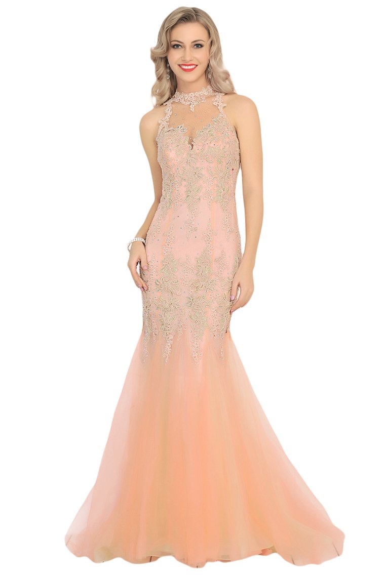 High Neck Tulle With Applique Mermaid Prom Dresses Sweep Train