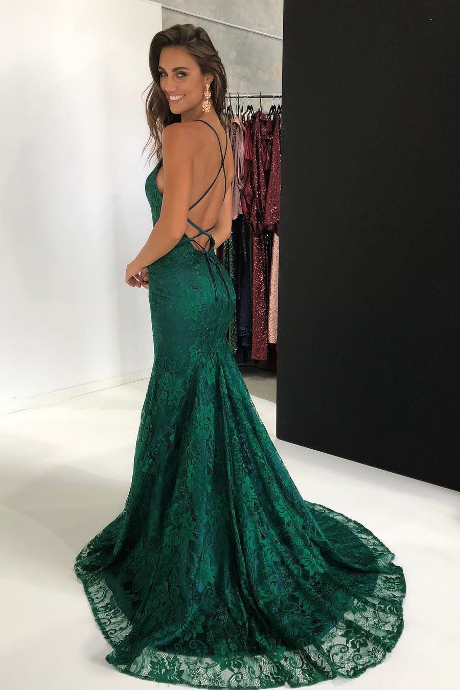 Elegant Straps V Neck Burgundy Lace Mermaid Long Evening Dresses, Prom Dresses SWK15206