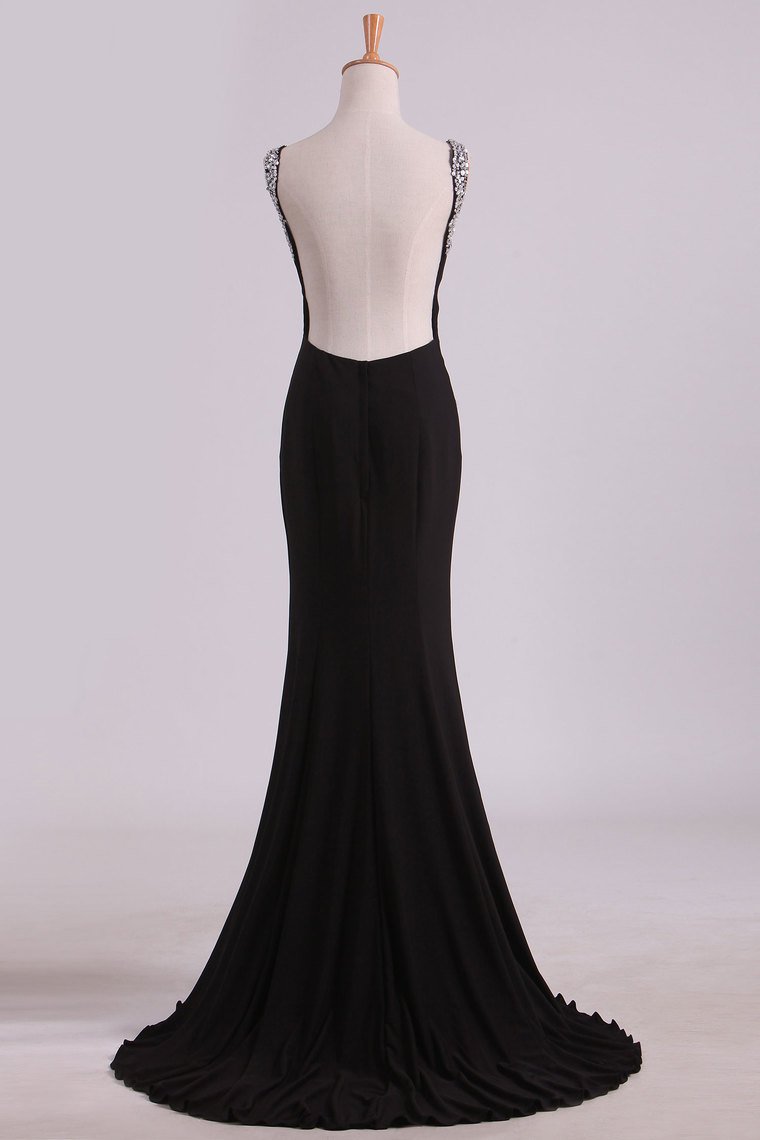 Bateau Prom Dresses Mermaid Open Back Mermaid With Beading Black