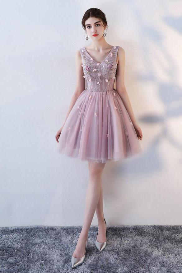 Princess Pink A Line V Neck Flowers Tulle Lace up Short Mini Homecoming Dresses WK877