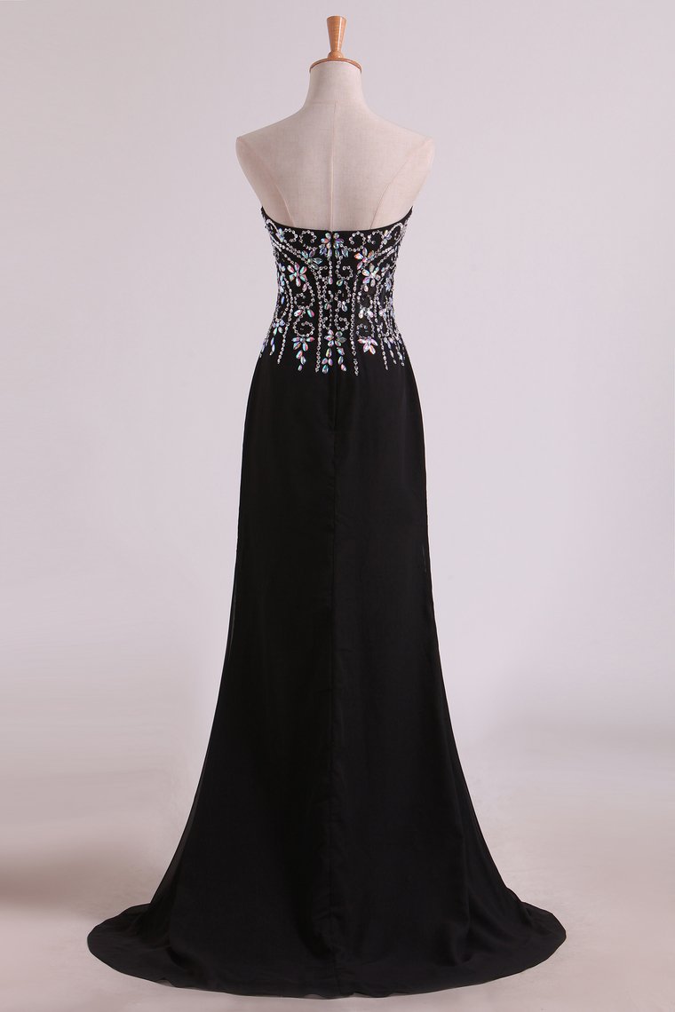 Mermaid Beaded Bodice Chiffon With Slit Prom Dresses Sweep Train