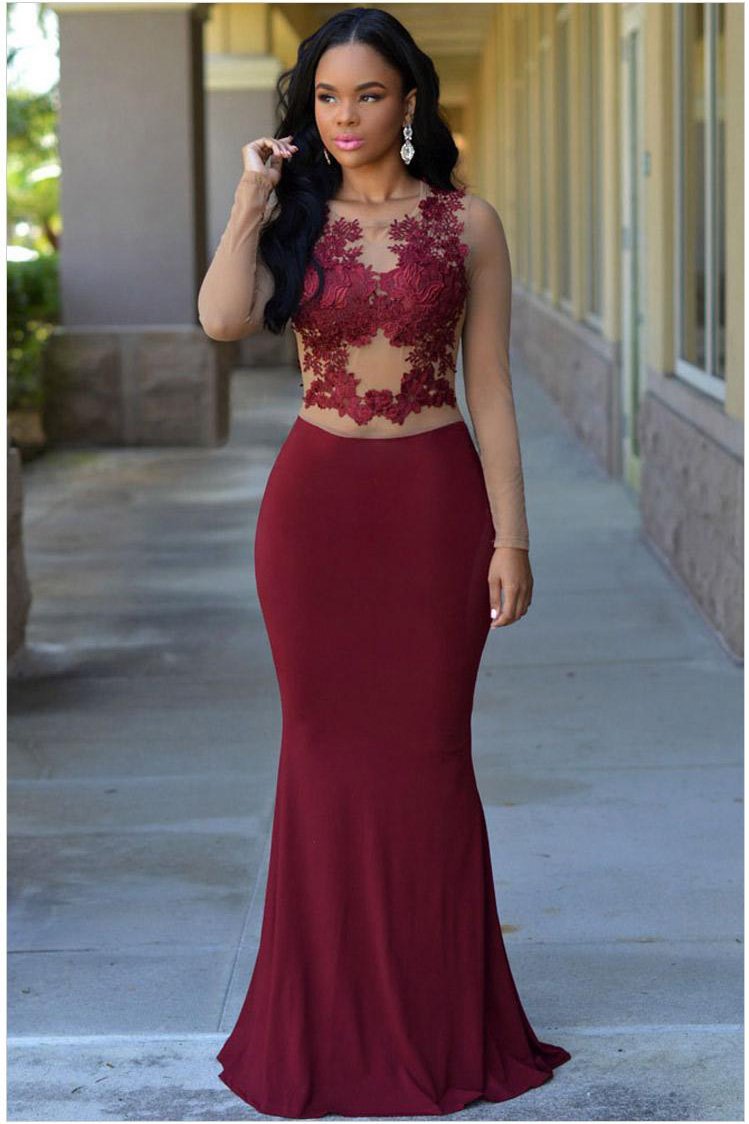 Jersey Scoop Neck Sexy Burgundy Mermaid Long Sleeves Zipper Appliques Prom Dresses WK480