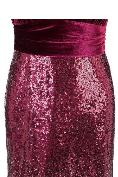 Sexy Sequins Mermaid V Neck Burgundy Velvet Long Prom Dresses Backless Evening Dress SWK15352