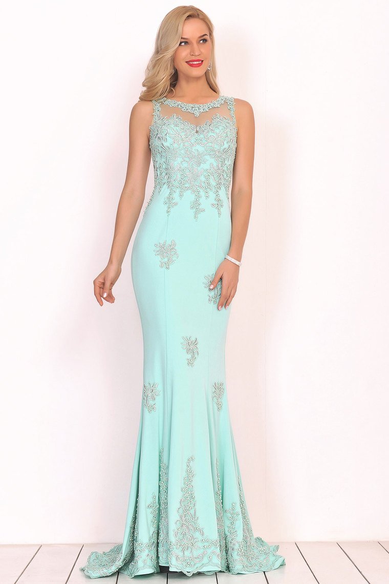 Prom Dresses Mermaid Scoop Spandex With Applique Sweep Train