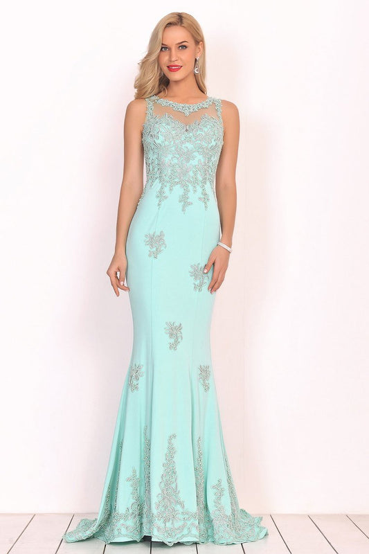 Prom Dresses Mermaid Scoop Spandex With Applique Sweep Train