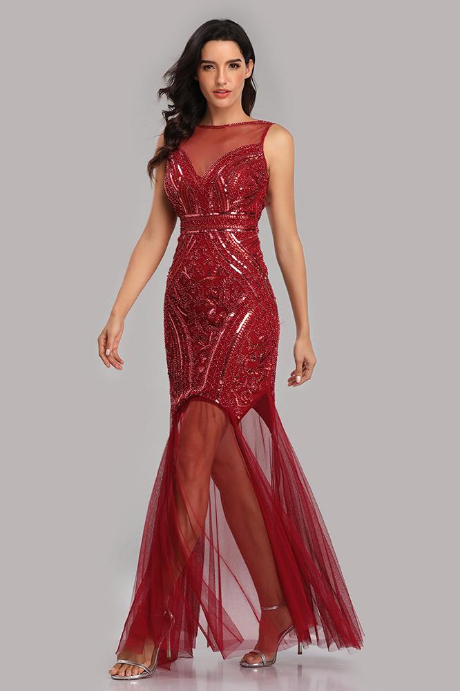 See Through Burgundy Mermaid Bateau Prom Dresses with Beading Tulle Party Dresses SWK15324