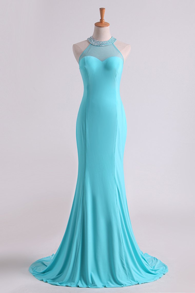 Prom Dresses Scoop Mermaid Spandex With Beading Sweep Train