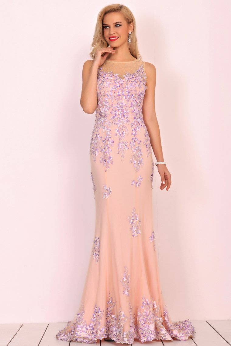 Mermaid Scoop Tulle Prom Dresses With Beads&Appliques Sweep Train