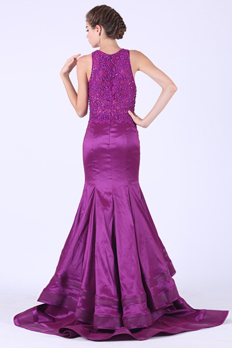 Scoop Beaded Bodice Mermaid Prom Dresses Sweep Train Taffeta