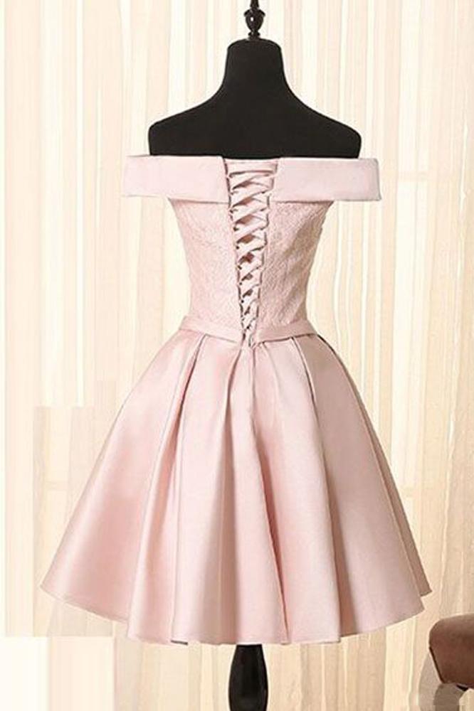 Simple A Line Off the Shoulder Pearl Pink Satin Short Homecoming Dresses with Lace WK923