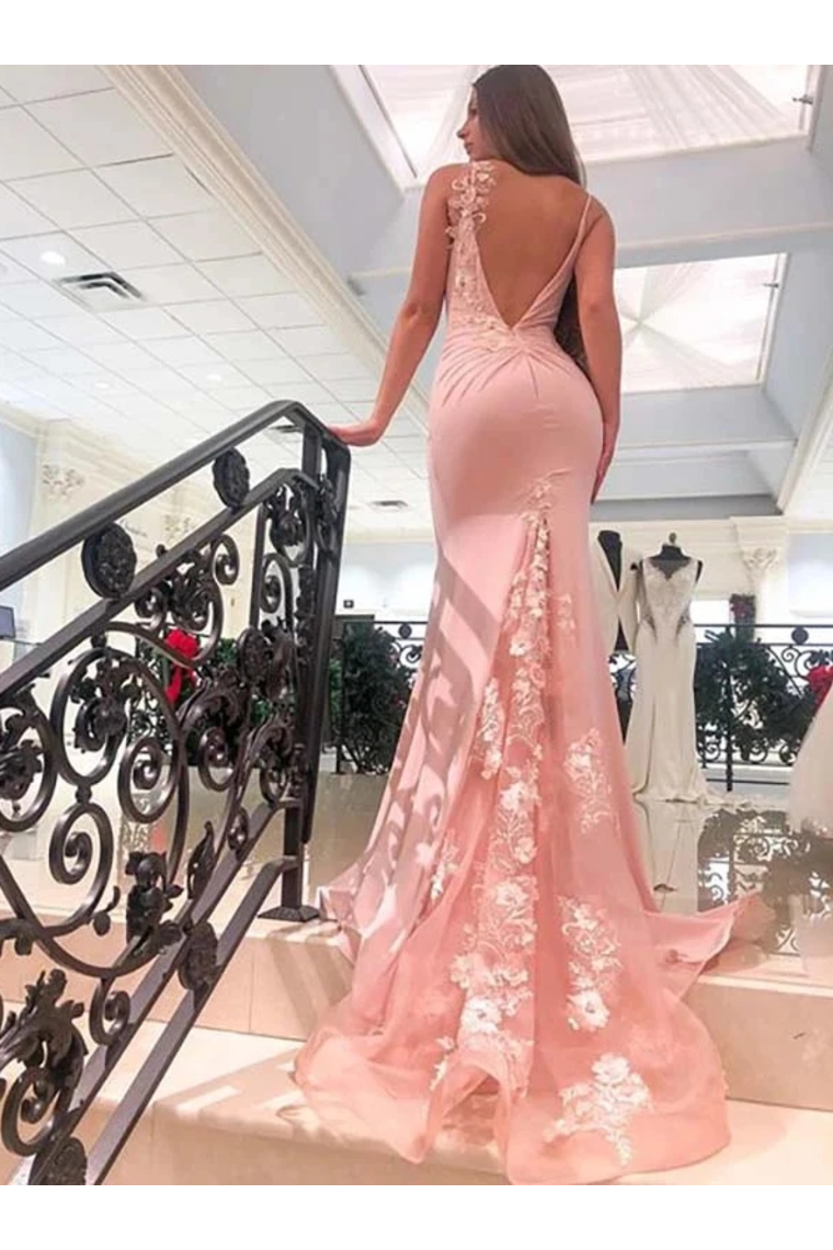 Mermaid V Neck Spaghetti Straps Long Prom Dresses Appliques Party Dress Chiffon And SWKPFT7D7JQ