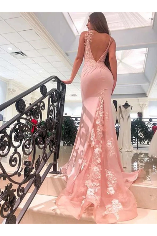 Mermaid V Neck Spaghetti Straps Long Prom Dresses Appliques Party Dress Chiffon And SWKPFT7D7JQ