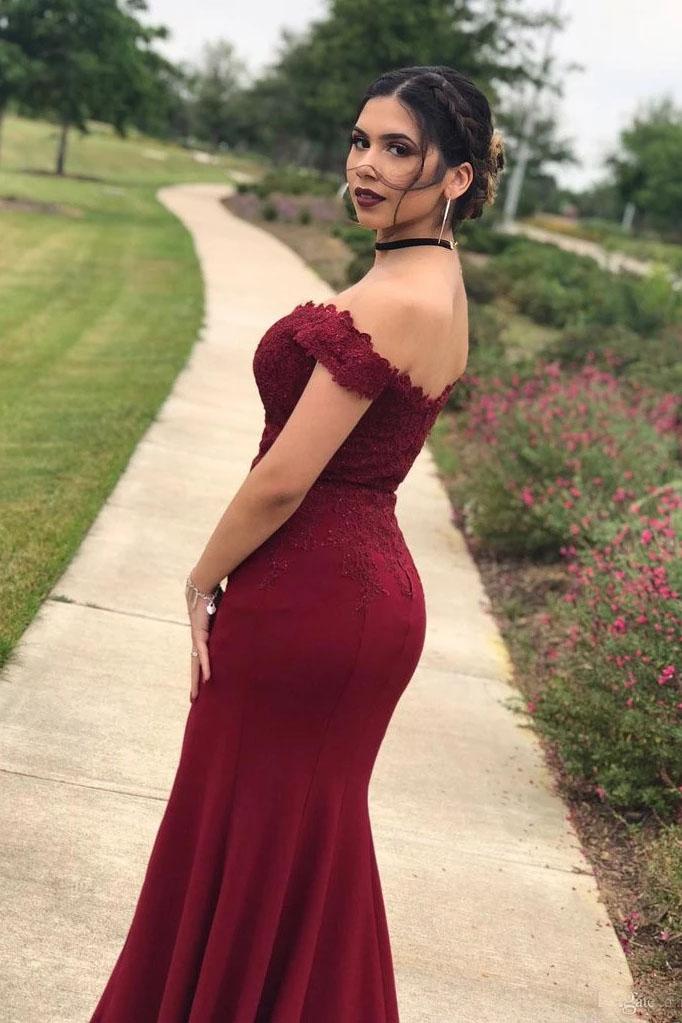 Mermaid Off the Shoulder Burgundy Prom Dresses with Slit, Lace Appliques Evening Dress SWK15264