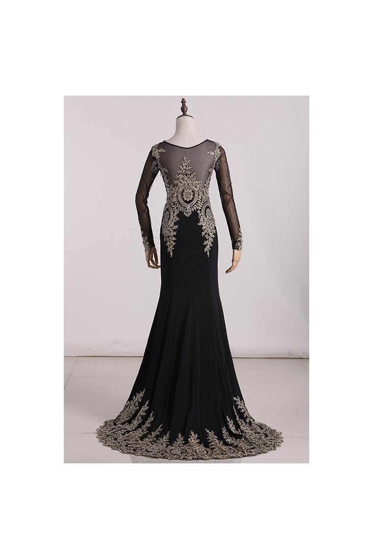 2024 Mermaid Prom Dresses/Evening Dresses Beaded Court Train Long Sleeves Scoop