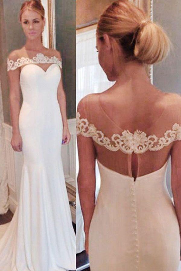 Elegant Off the shoulder Mermaid Long White Wedding Dress with Train WK131