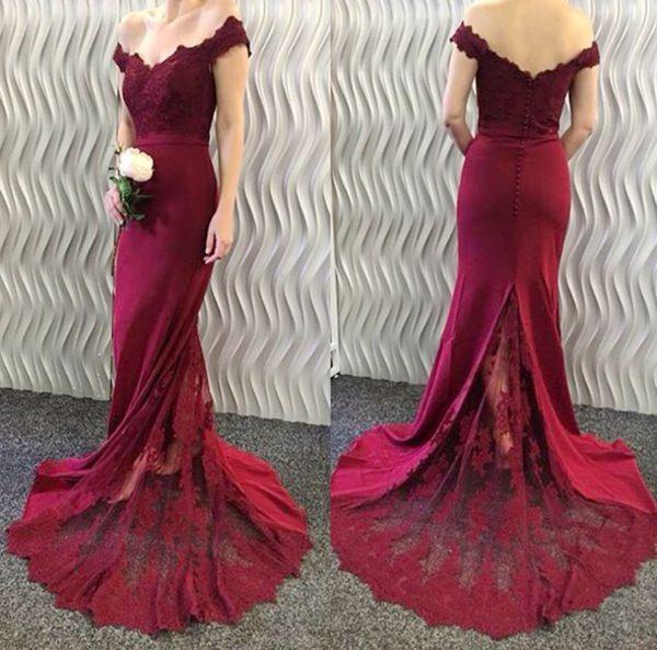 2024 Off-the-Shoulder Burgundy Lace Appliques Long Mermaid Prom Dresses WK370