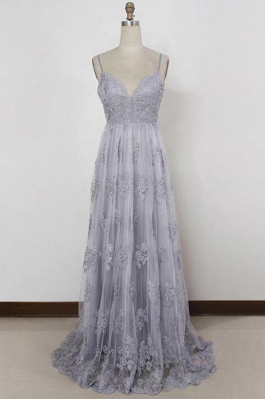 Sheath Spaghetti Straps Sweep Train Backless Lavender Tulle with Appliques Prom Dresses WK156