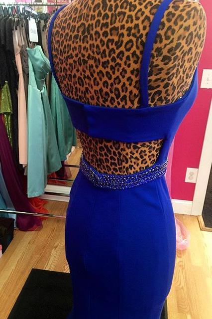 Royal Blue Scoop Mermaid Sleeveless Backless Beads Spandex Prom Dresses